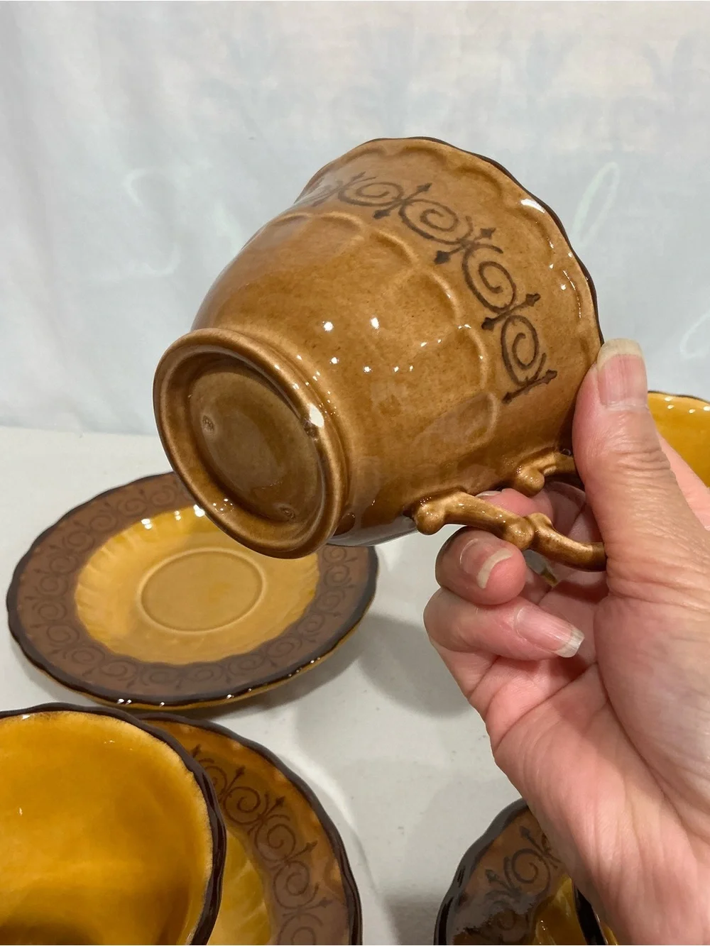 Amber Brown Ceramic Teacup and Saucer Set - 5pc